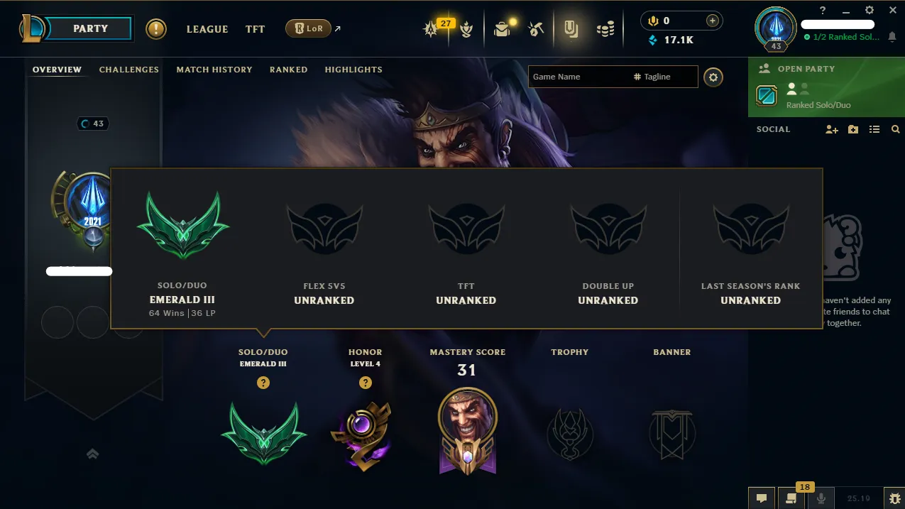 【 NA 】∙ Emerald 3 36 LP ♦️ 64% WR ♦️ 17.1K BE ♦️ Changeable Name☑️Unverified Email☑️ Honor Level 4🚚 Instant Delivery 